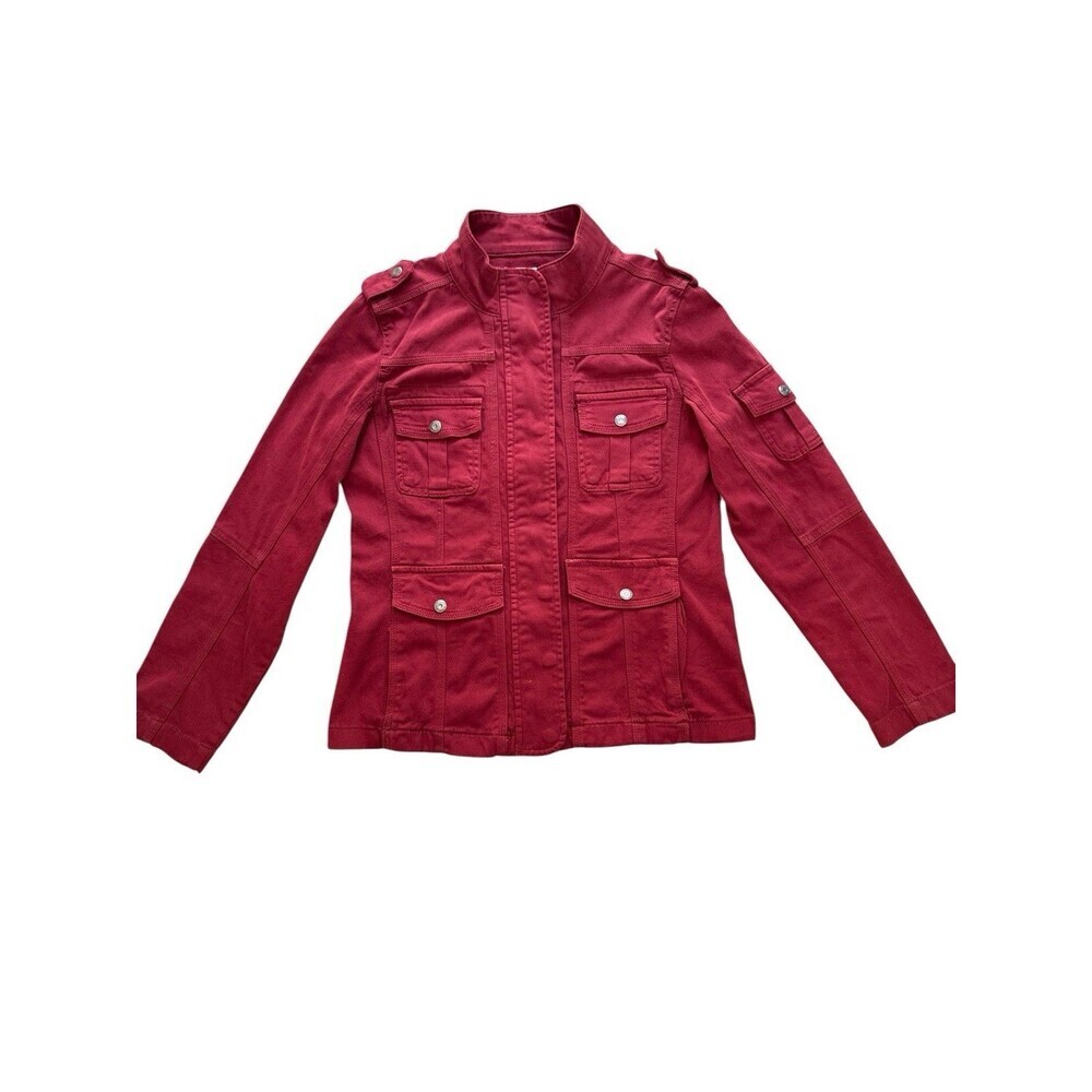 Kensie Jeans Red Utility Military Jacket Women’s M Cotton Snap Zip Cargo Pockets - Picture 2 of 8